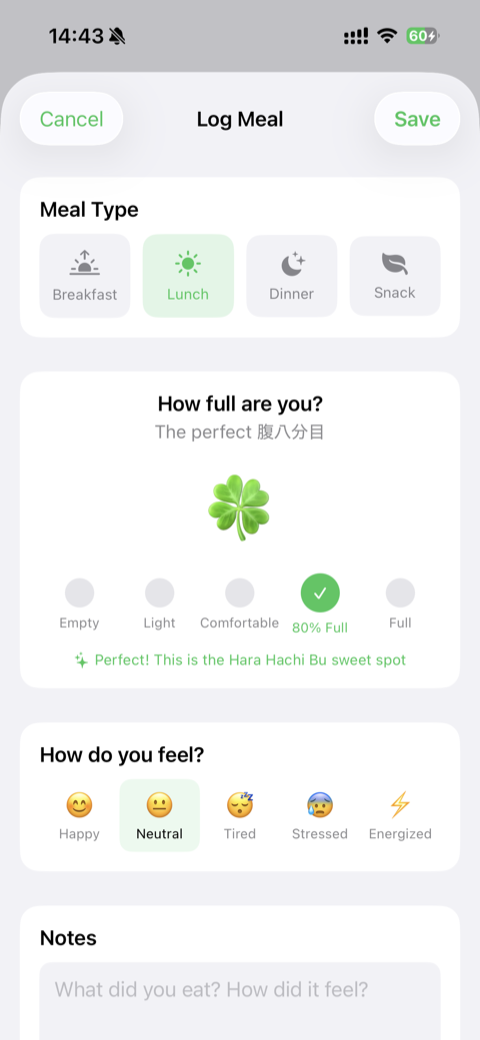 Log Meal screen showing fullness selector